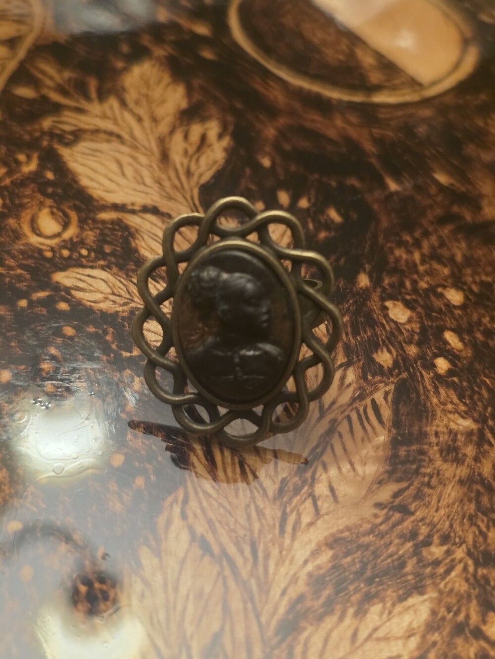African Ladies Head Resin Cabochon In Brinze Tone Bezel Frame Adjustable Ring